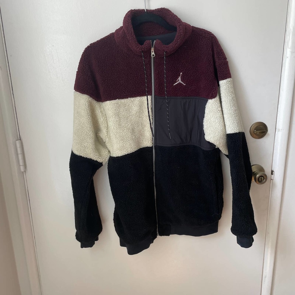 Men's Colorblock Sherpa Zip-Up Jacket - Burgundy/Black/Cream